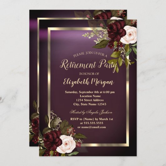 フェスティバル金ゴールドフレームブルゴーニュバラ退職 招待状 (正面/裏面)