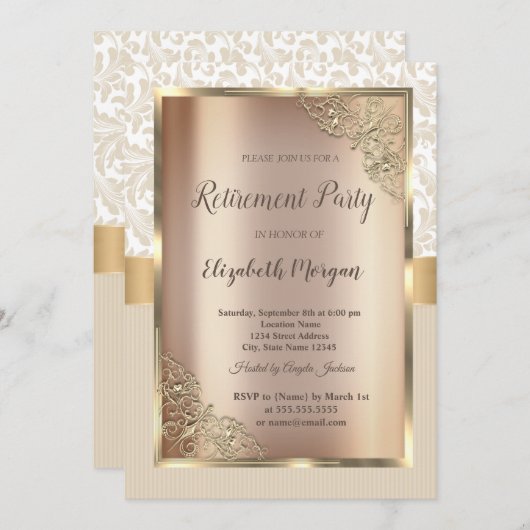 フェスティバル金ゴールドフレーム、ダマスクのストライプ廃止 招待状 (正面/裏面)