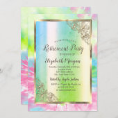 フェスティバル金ゴールドフレーム、緑、絞り染め退職 招待状 (正面/裏面)