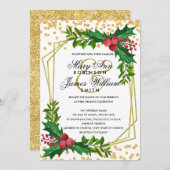 フェスティバル金ゴールドホリデーク結婚リスマスホリーホワイト 招待状 (正面/裏面)