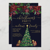 フェスティバル金ゴールドホリデーツリーギフトフローラクリスマス 招待状 (正面/裏面)