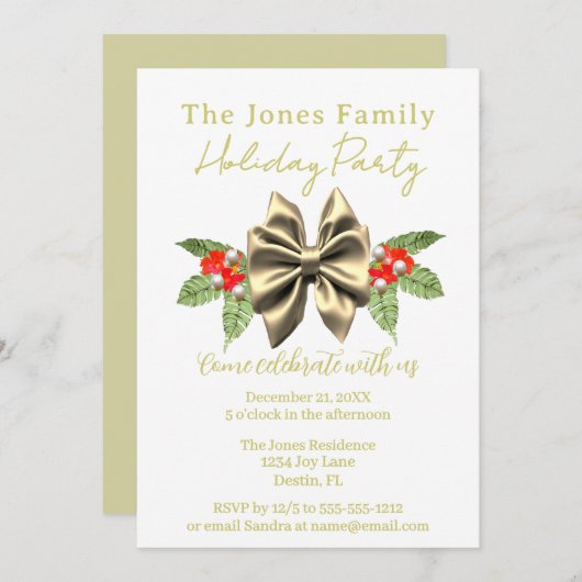 フェスティバル金ゴールドボウグリーンフローラホワイトホリデーパーティー 招待状 (正面/裏面)