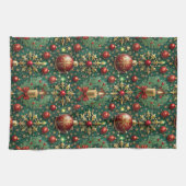 フェスティバル金ゴールドレッドオーナメントスノーフレークスクリスマス キッチンタオル (横)