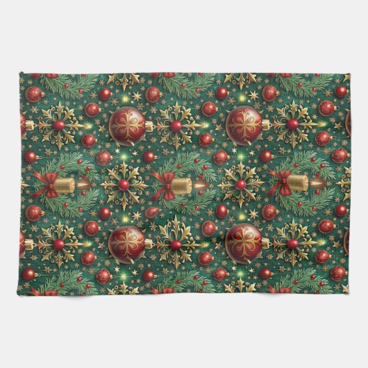 フェスティバル金ゴールドレッドオーナメントスノーフレークスクリスマス キッチンタオル (横)