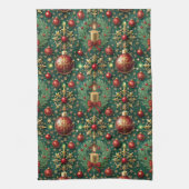 フェスティバル金ゴールドレッドオーナメントスノーフレークスクリスマス キッチンタオル (縦)