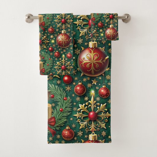 フェスティバル金ゴールドレッドオーナメントスノーフレークスクリスマス バスタオルセット (インサイチュ)