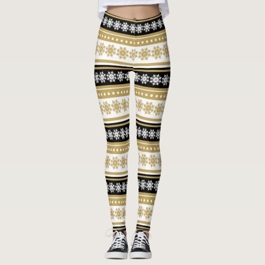 フェスティバル金ゴールド黒クリスマスの雪片模様 レギンス (正面)