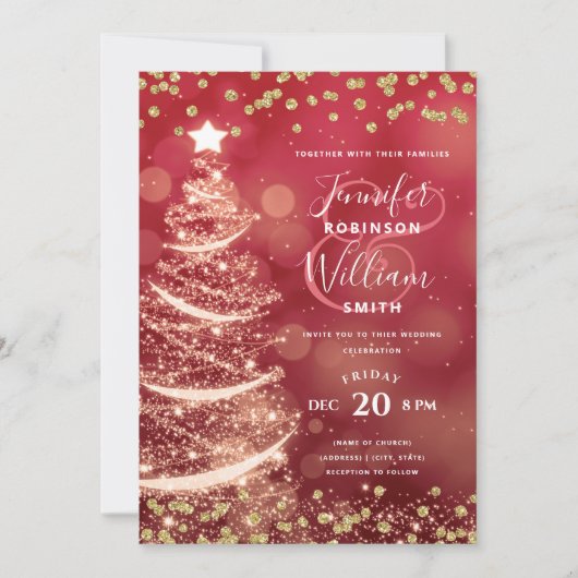 フェスティバル金ゴールド&レッドエレガントウェディングスパークルツリー 招待状 (正面)