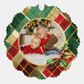 フェスティバル金ゴールド、赤と緑のクリスマスプレッドフォト オーナメントカード (正面)