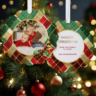 フェスティバル金ゴールド、赤と緑のクリスマスプレッドフォト オーナメントカード