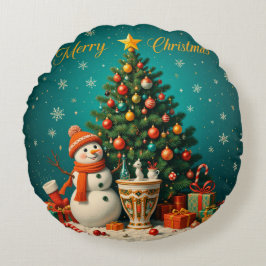 フェスティバル雪だるまとクリスマスツリー（ギフト付き） ラウンドクッション
