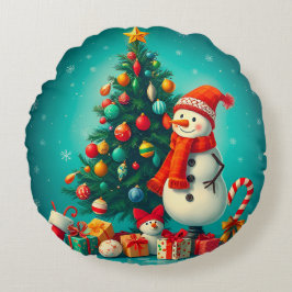 フェスティバル雪だるまとクリスマスツリー（ギフト付き） ラウンドクッション