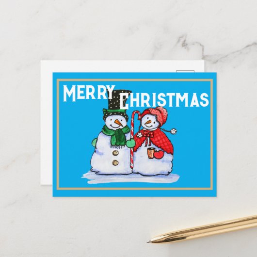 フェスティバル雪だるまカップルとキャンディ杖 シーズンポストカード (正面/裏面インサイチュ)