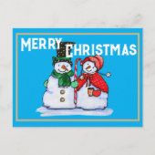 フェスティバル雪だるまカップルとキャンディ杖 シーズンポストカード (正面)