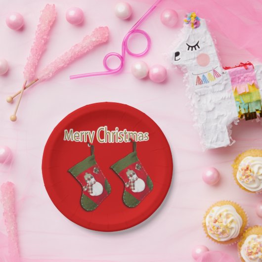フェスティバル雪だるまクリスマスストッキングレッド ペーパープレート (パーティー)