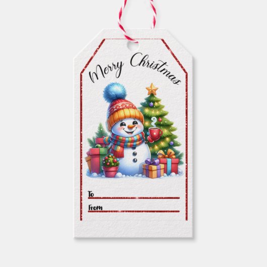 フェスティバル雪だるまクリスマスラベルとギフトとツリー ギフトタグ (正面)