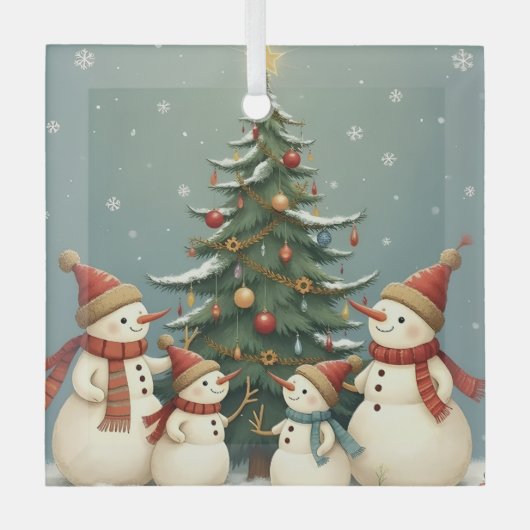 フェスティバル雪だるまファミリークリスマスコレクション ガラスオーナメント (正面)