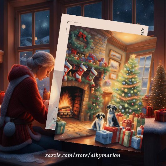 フェスティバル飾室，暖炉，犬，ヴィンテージ ポストカード