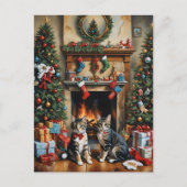 フェスティバル飾室,暖炉,猫,ヴィンテージ シーズンポストカード (正面)
