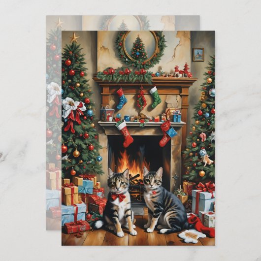 フェスティバル飾室,暖炉,猫,ヴィンテージ 招待状 (正面/裏面)