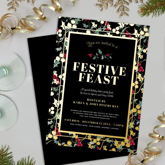 フェスティバル饗宴ブラック金ゴールドベリークリスマスディナー 箔招待状