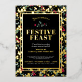フェスティバル饗宴ブラック金ゴールドベリークリスマスディナー 箔招待状 (正面)