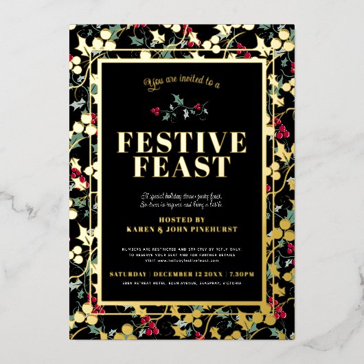 フェスティバル饗宴ブラック金ゴールドベリークリスマスディナー 箔招待状 (正面)