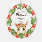 フェスティバル鹿パーソナライズされた第1クリスマス結婚した セラミックオーナメント (左)