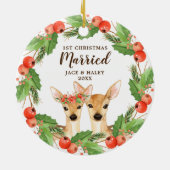 フェスティバル鹿パーソナライズされた第1クリスマス結婚した セラミックオーナメント (裏面)
