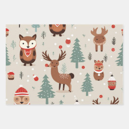 フェスティバル&かわいいクリスマステーマウッドランドパターン ラッピングペーパーシート