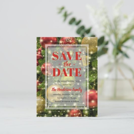 フェスティバル |ホリデーパーティー日付を保存 インビテーションポストカード (スタンド正面)