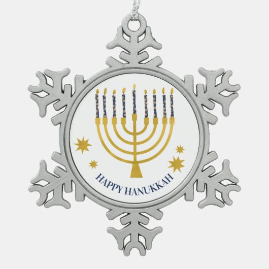 フェスティバル(ユダヤ教)メノラーキャンドルハッピーハヌカー スノーフレークピューターオーナメント (正面)