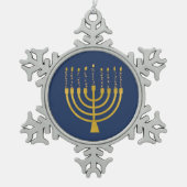 フェスティバル（ユダヤ教）メノラーハヌッカブルーキャンドルスケッチ スノーフレークピューターオーナメント (正面)