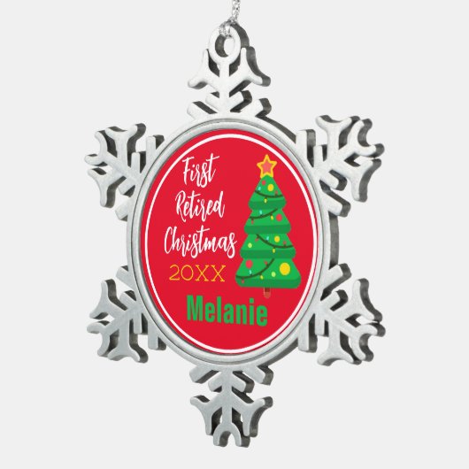 フェスティバル、最初の退職したクリスマス スノーフレークピューターオーナメント (右)