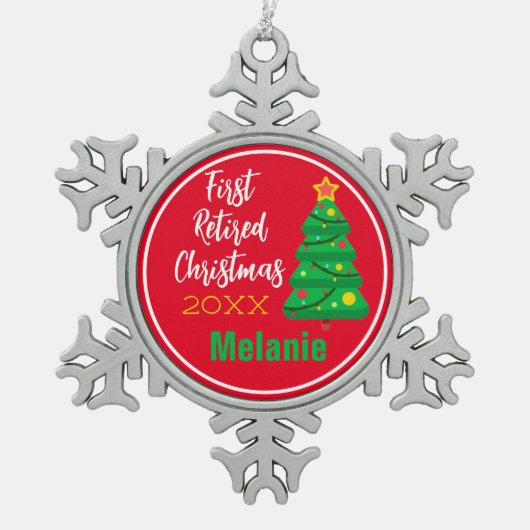 フェスティバル、最初の退職したクリスマス スノーフレークピューターオーナメント (正面)