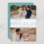 フェスティバル | 2写真Hanukkah シーズンカード<br><div class="desc">私たちのフェスティバルとエレガントハヌカーのカードデザインはあなたの家族の写真の2つを表示する完璧なお気に入りの方法である。デザインはソフトティール（緑がかった色）セリフタイポグラフィと手書き文字のスクリプトに加え、あなたの家族の名前で「Joyous Hanukkah」を備えている。カードは白い星模様に逆向き。</div>