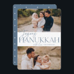 フェスティバル | 2写真Hanukkah シーズンカード<br><div class="desc">私たちのフェスティバルとエレガントハヌカーのカードデザインはあなたの家族の写真の2つを表示する完璧なお気に入りの方法である。デザインは石板ブルーセリフタイポグラフィと手書き文字のに「ジョイ・ハヌカー」を加え、ご家族の名前も付けている。カードは白い星模様に逆向き。</div>