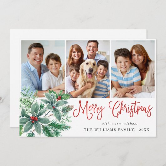 フェスティバルHolly Berry 3フォトクリスマスグリーティング シーズンカード (正面/裏面)