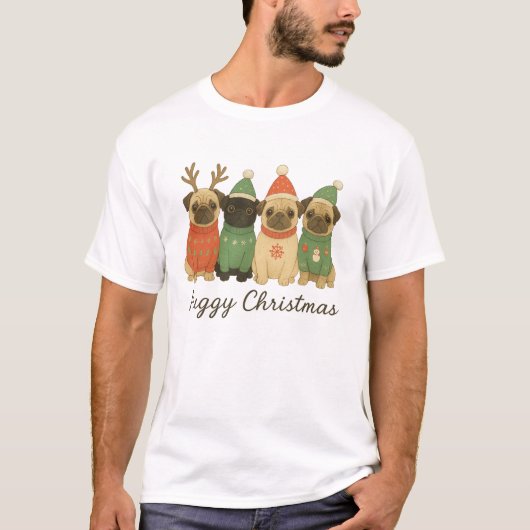フェスティブなセーターを着たキュートなパグのクリスマスイラスト Tシャツ (正面)
