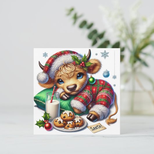 フェスティブなパジャマを着たハイランド牛のクリスマス シーズンカード (スタンド正面)