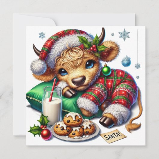 フェスティブなパジャマを着たハイランド牛のクリスマス シーズンカード (正面)