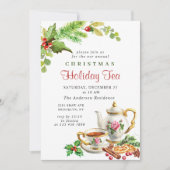 フェスティブなホリーベリー クリスマス ホリデー ティーパーティー 招待状 (正面)
