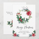 フェスティブなホリーポインセチアのリース　クリスマスグリーティング シーズンカード (正面/裏面)