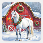 フェスティブな白馬と冬の納屋のクリスマス スクエアシール (正面)