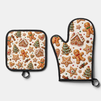 フェスティブウォーターカラージンジャーブレッドクリスマスパターン 鍋つかみ&鍋敷きセット