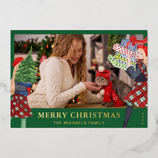 フェスティブガール クリスマスイラスト ストライプ写真 箔シーズンカード (正面)