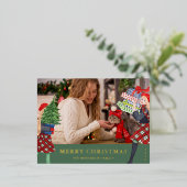 フェスティブガール クリスマス イラスト 写真 緑 箔シーズンポストカード (立ち正面)