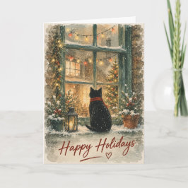 フェスティブクリスマスの窓と可愛い猫の挨拶 カード