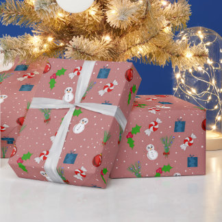 フェスティブクリスマスパターン包装紙 | かわいい雪だるま ラッピングペーパー