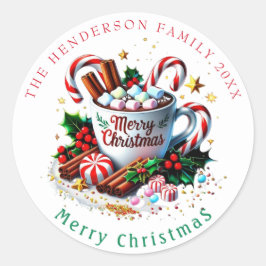 フェスティブクリスマスホリデーレッドウォーターカラーホットココア ラウンドシール